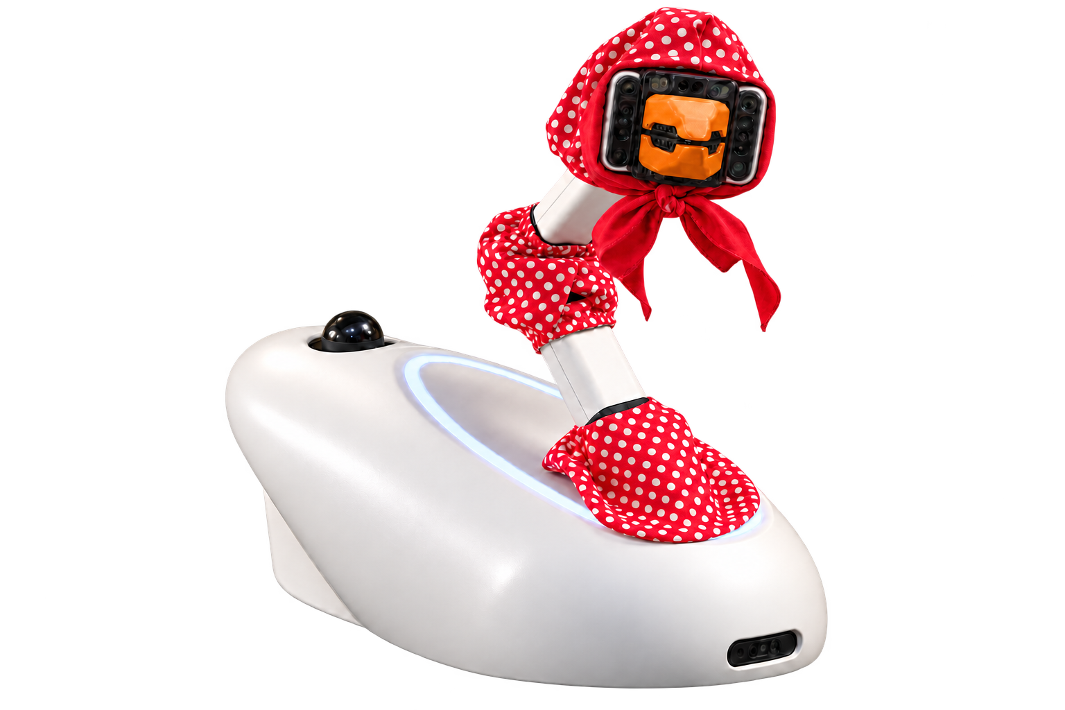 Photograph of Goose robot prototype with a white base, red polka-dot scarf, and orange beak