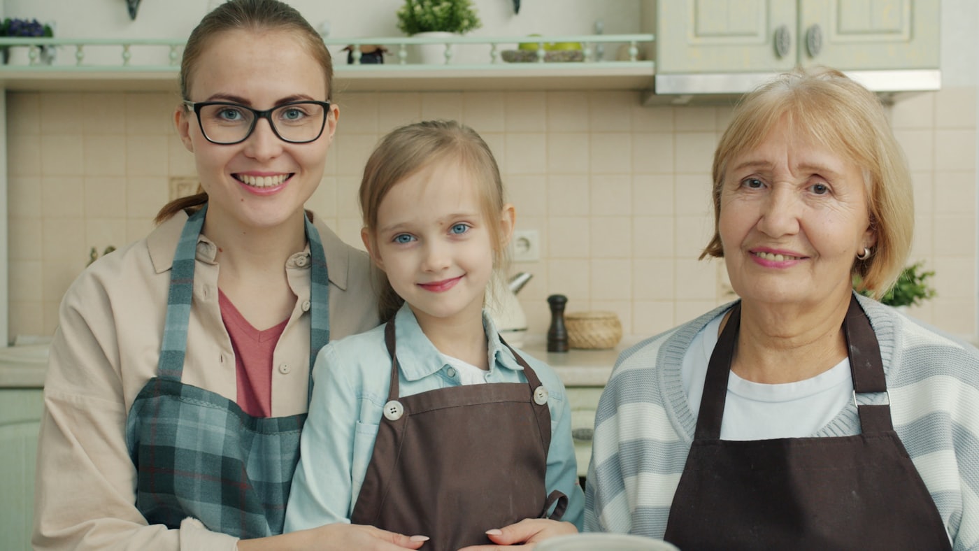 Three generations together in the kitchen