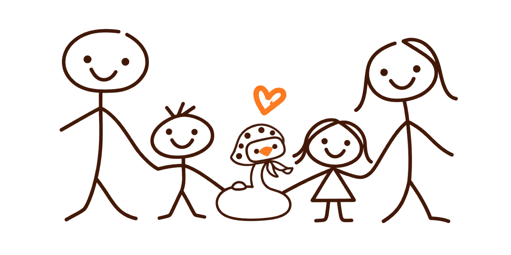 A childlike drawing of a happy family with children touching robot Goose in the center