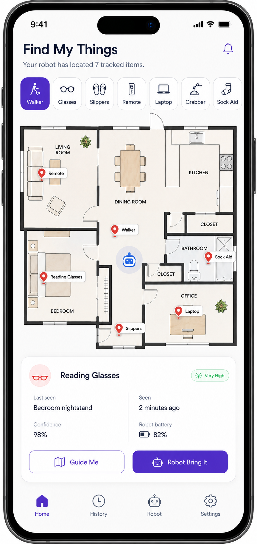 The Goose app's Find My Things screen — tracked items located around the home
