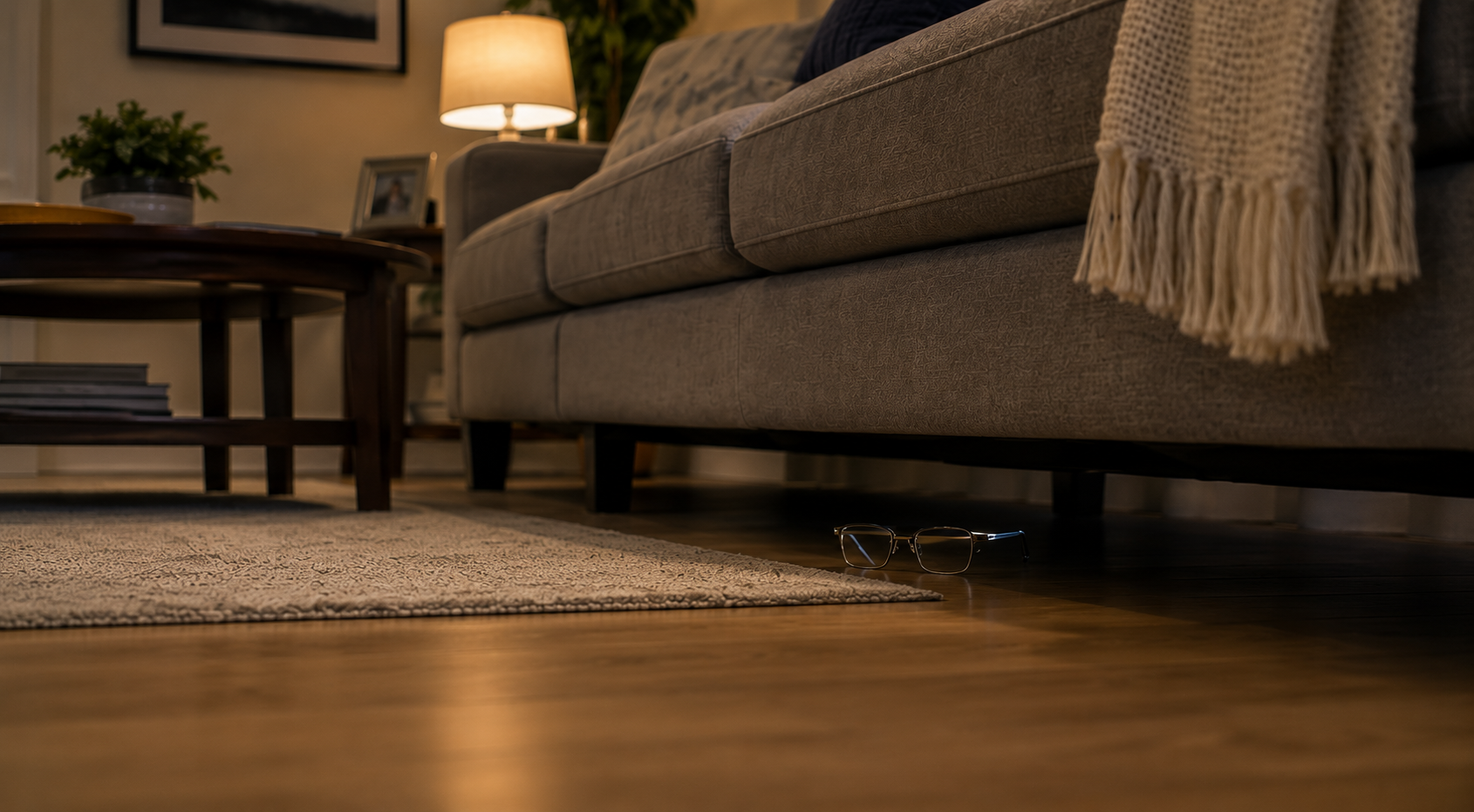 A pair of reading glasses lost under the edge of the couch