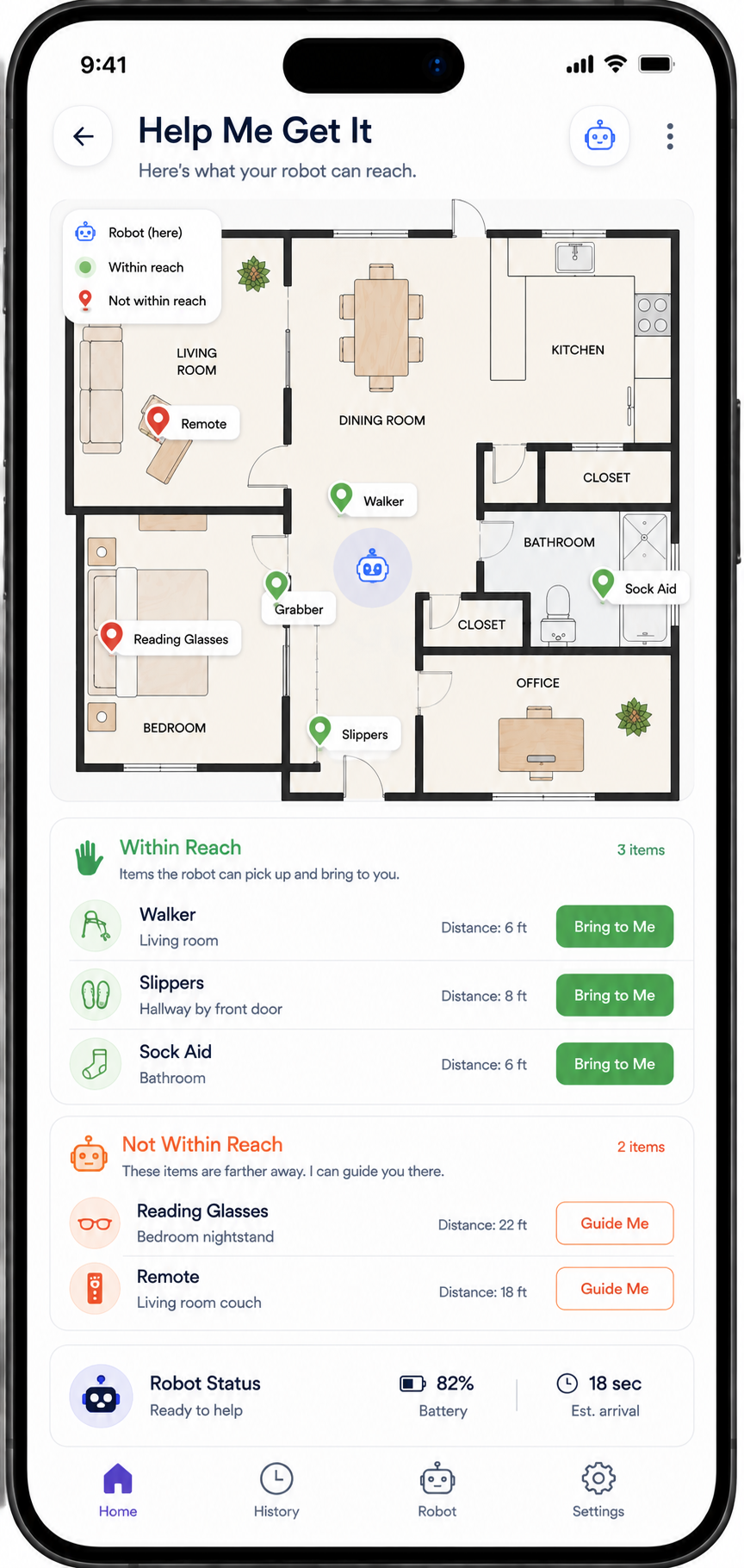 The Goose app's Help Me Get It screen — a map of the home showing which items the robot can bring over