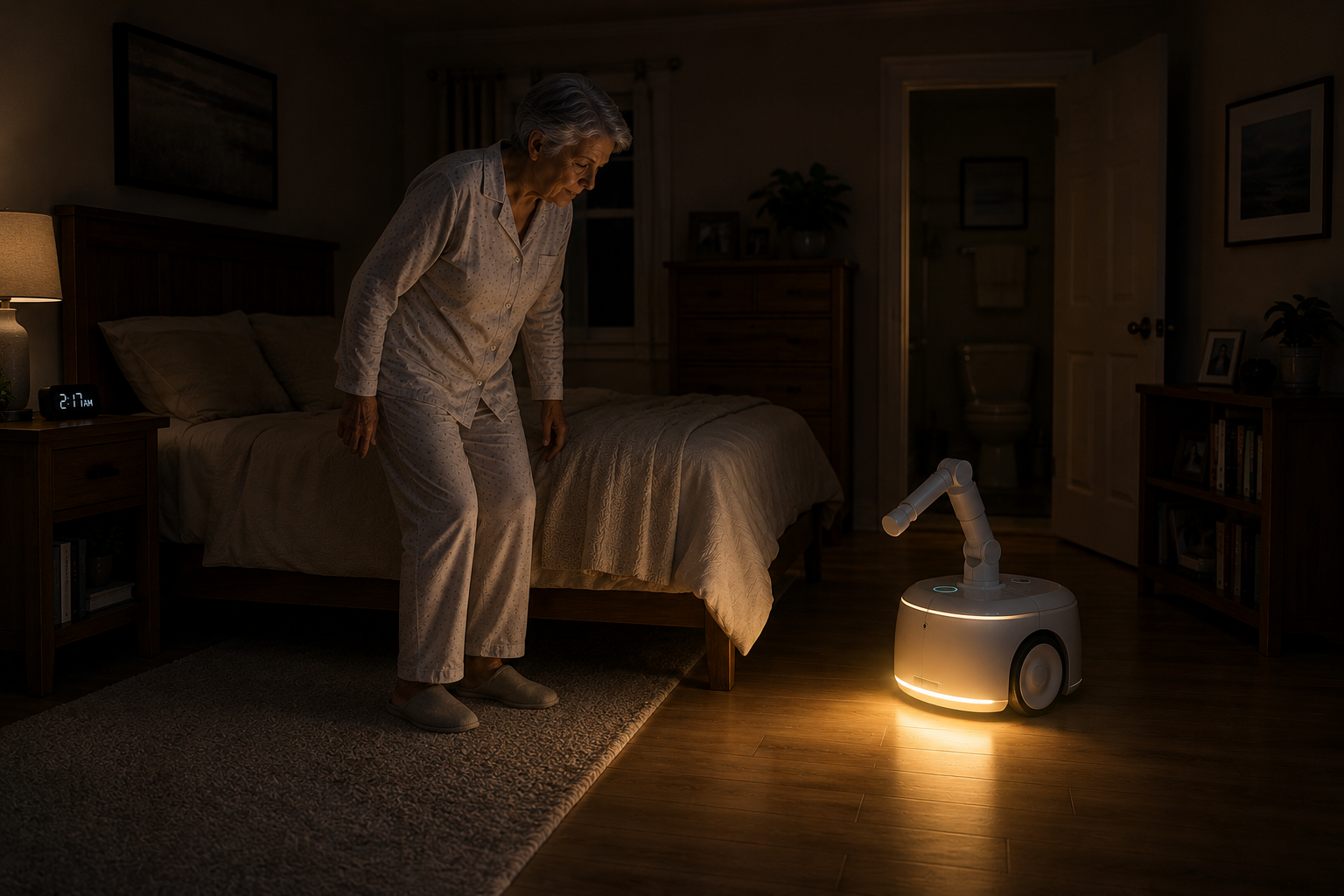 The Goose lighting the floor beside the bed at night