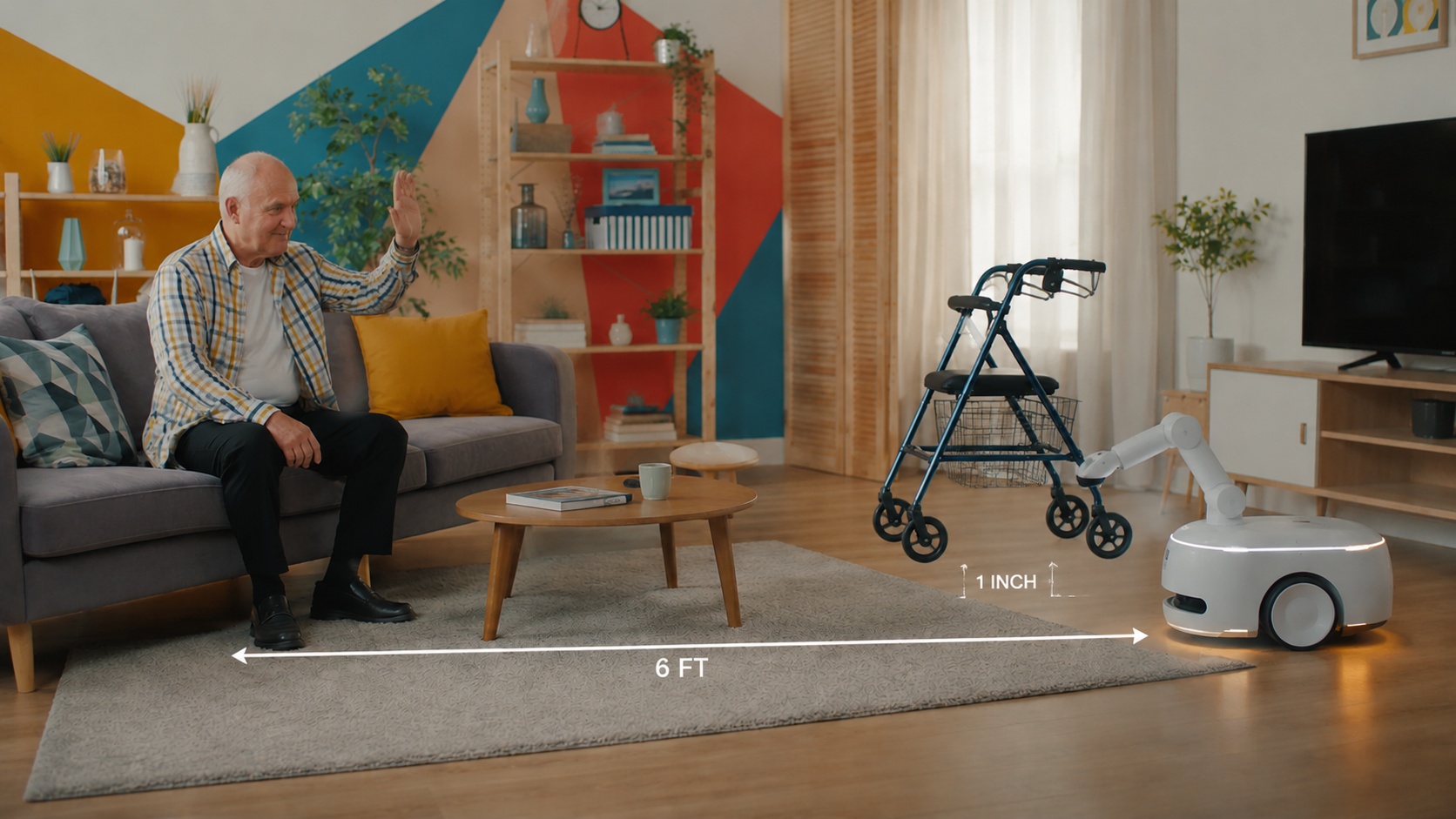 Steady robot holding a walker approximately six feet from the user, ready to bring it over