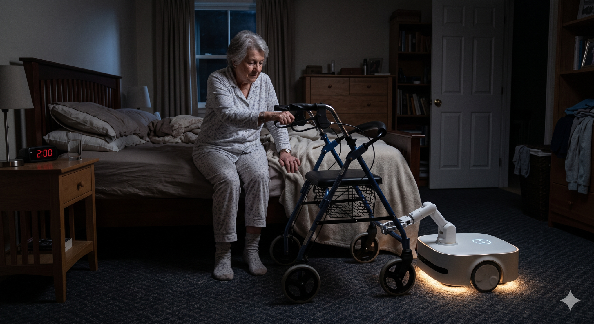 Steady robot parked near a bed in a dimly lit bedroom, ready to assist