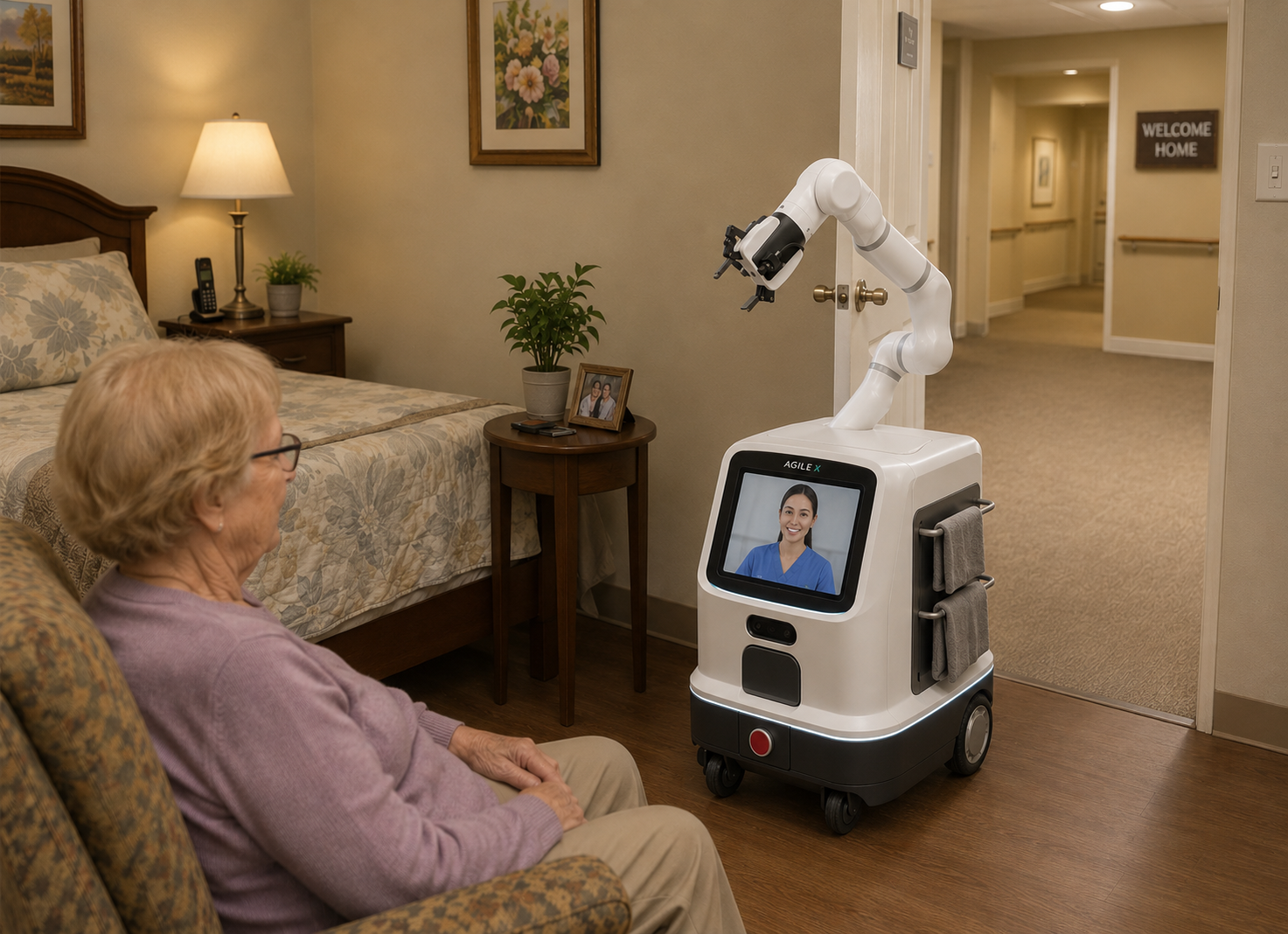 Elderly resident seated across from the Relay robot, with a nurse visible on its screen