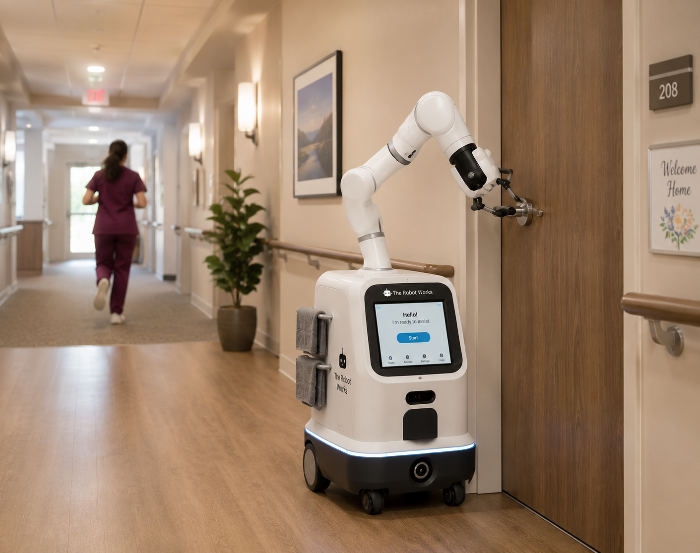 Relay robot opening a door autonomously in a care facility hallway
