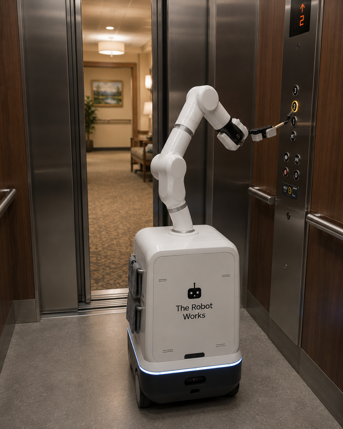 Relay robot riding an elevator in a senior care building